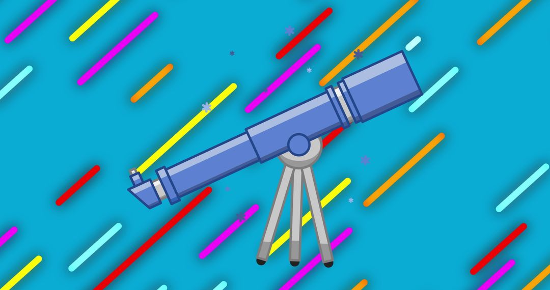 Colorful Telescope Icon with Neon Lines on Blue Background
