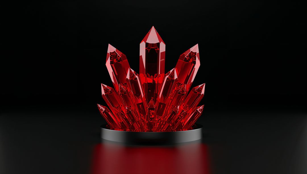 Deep Red Crystal Cluster Glowing on Metal Pedestal with Reflective Black Surface