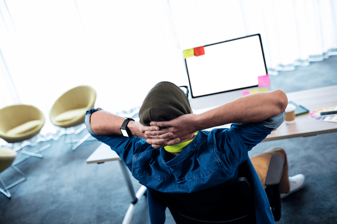 Transparent Relaxed Man in Office by Computer