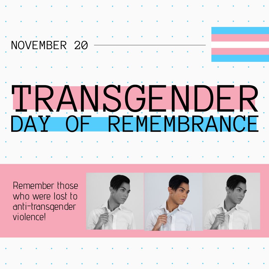 Composite of transgender day of remembrance text over caucasian man and transgender pride flag - Download Free Stock Templates Pikwizard.com