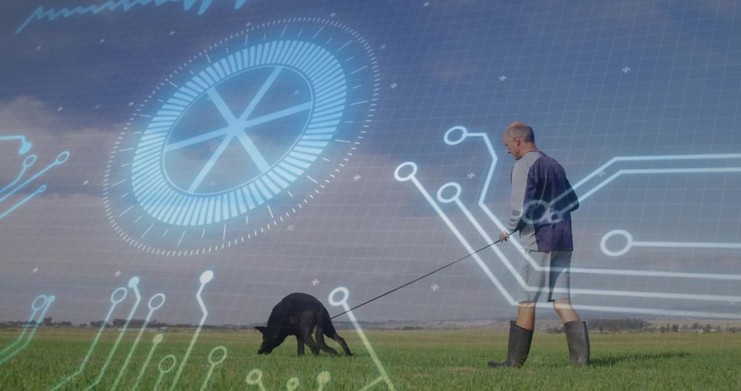 Man Walking Dog in Field with Digital Overlay and Circuit Interface