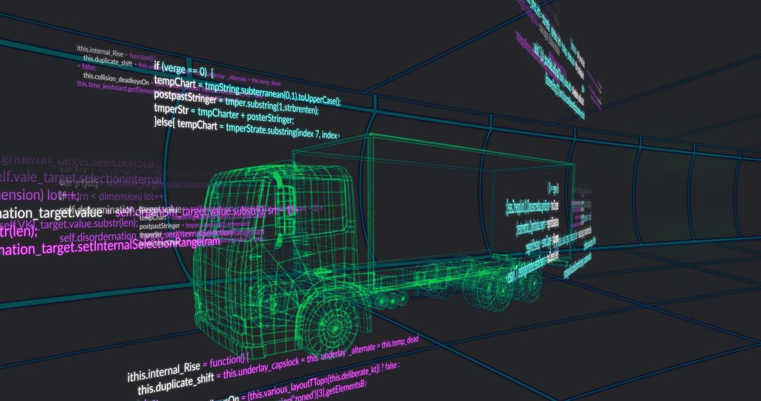 Futuristic Wireframe Truck with Floating Data Code