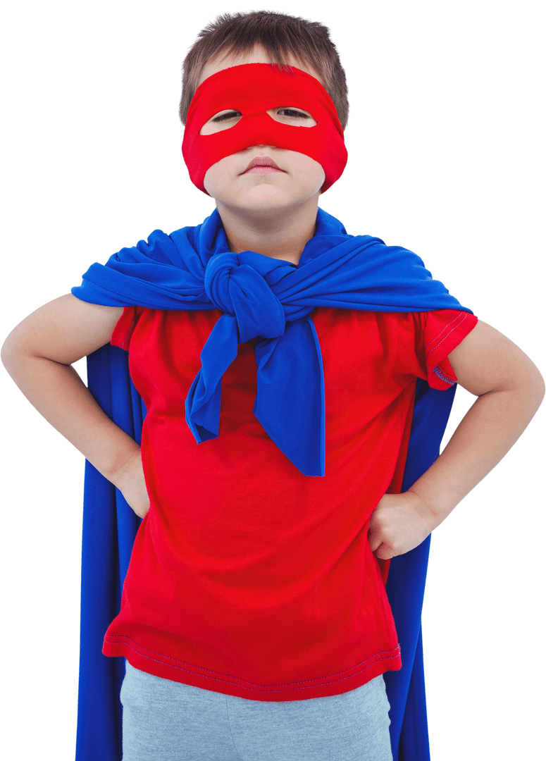 Excited Boy Dressed as Superhero with Red Mask Transparency