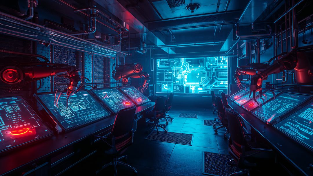 Futuristic Laboratory with Holographic Projections and Robotic Arms