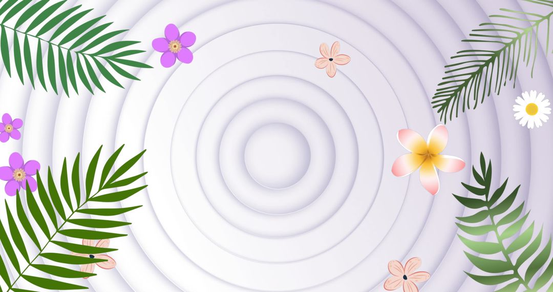 Tranquil Floral and Palm Leaves Display with Concentric Circle Background