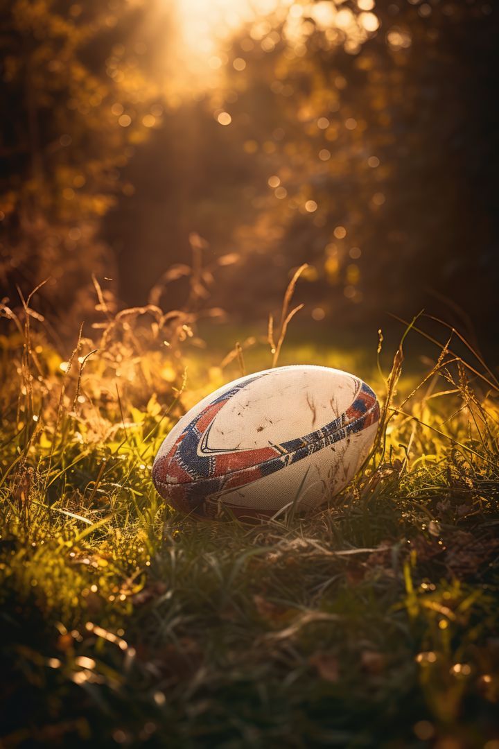 Close up of rugby ball on grass at sunset, created using generative ai technology - Free Images, Stock Photos and Pictures on Pikwizard.com