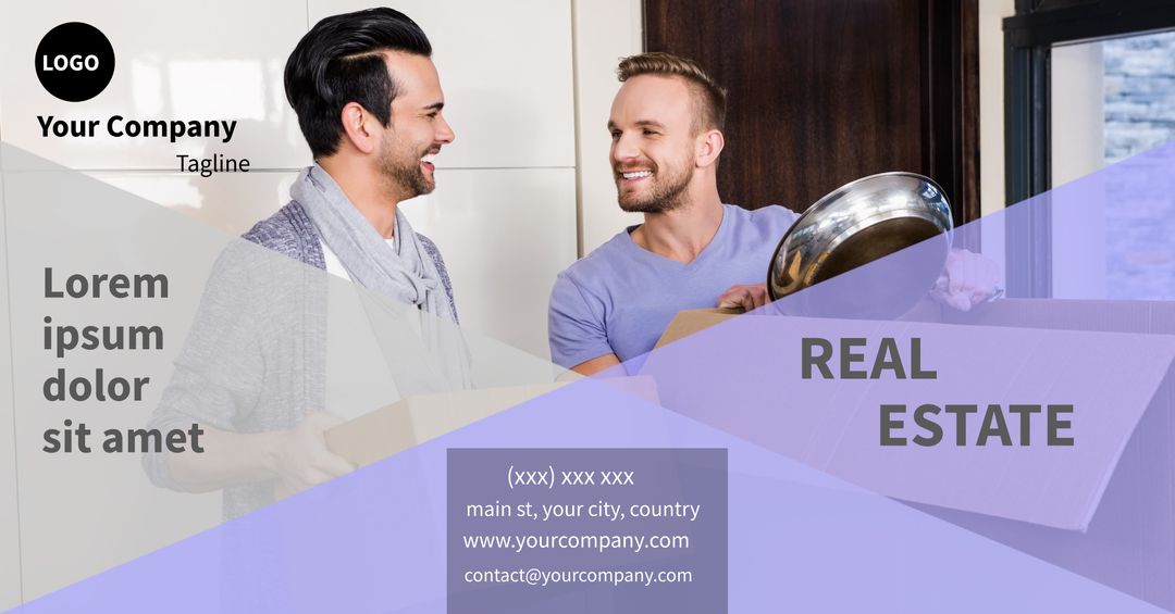 Real Estate Promotion with Smiling Men Packing in Modern Home