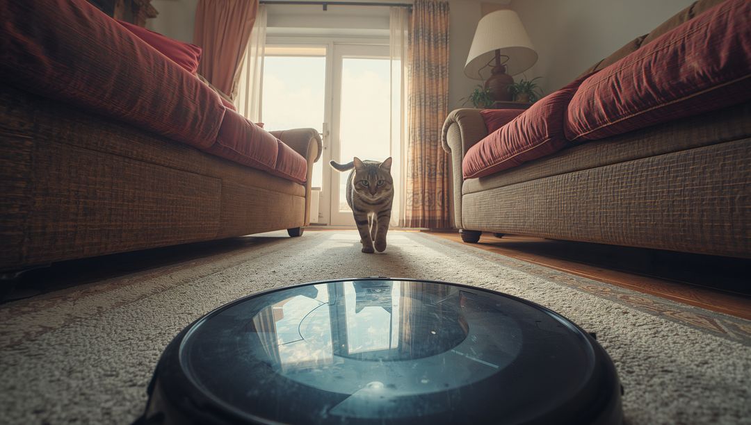 Curious Cat Maneuvering Room with Advanced Robot Vacuum