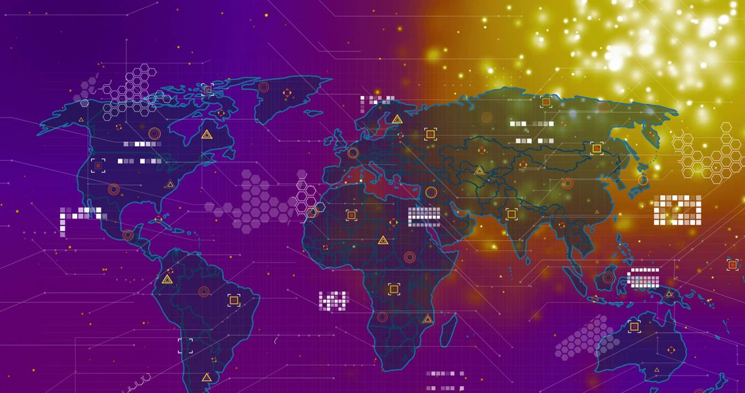 Visualizing global data networks on neon dashboard with hexagon grid, glowing nodes, circuitry