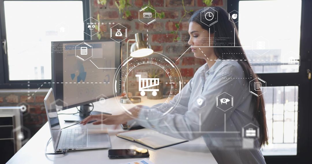 Businesswoman Analyzing Digital Data with Laptop and Icons