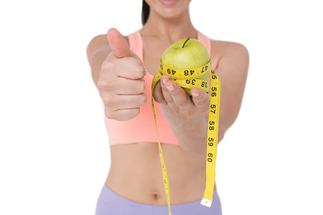 Transparent Fitness Motivation: Woman with Apple and Measuring Tape