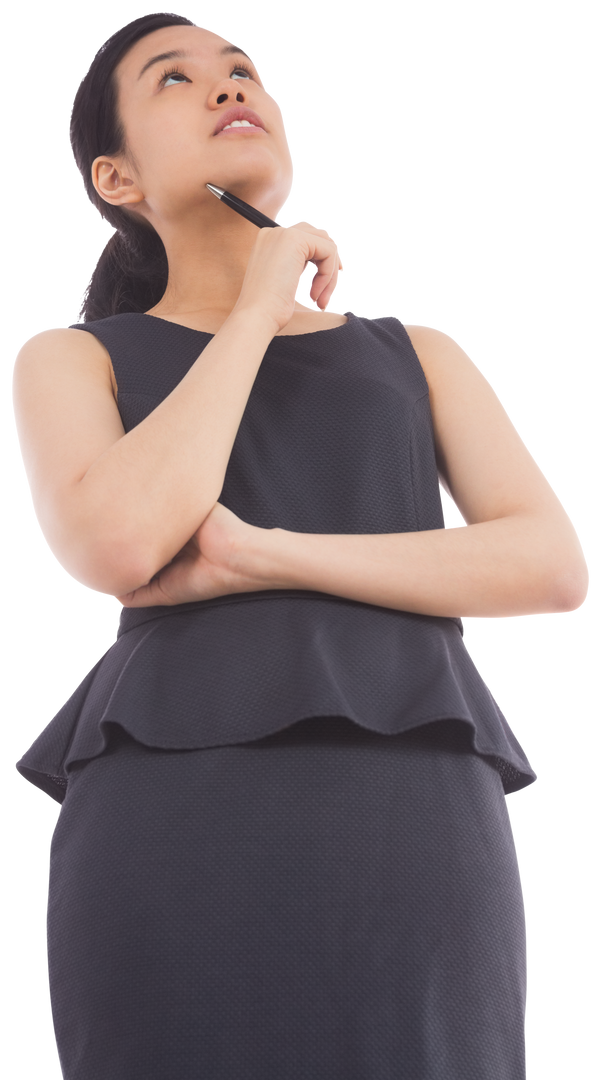 Pondering Asian Businesswoman with Pen Transparent PNG Image - Download Free Stock Images Pikwizard.com