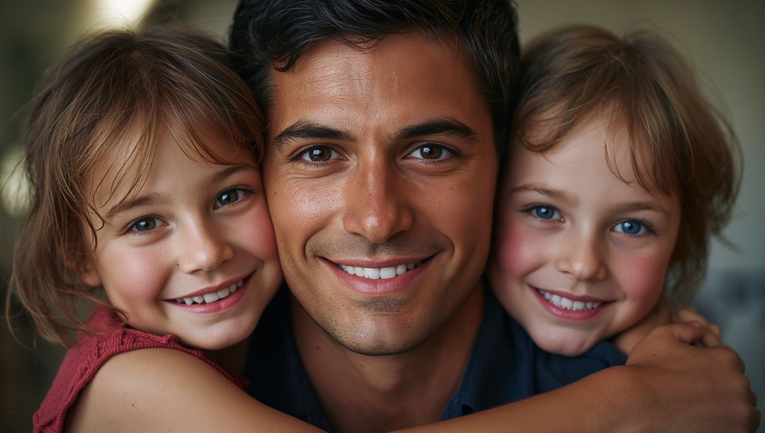 Father Hugging Daughters Displaying Warm Bond at Home