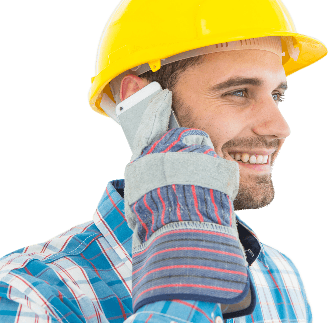 Smiling Male Carpenter Using Mobile on Transparent Background