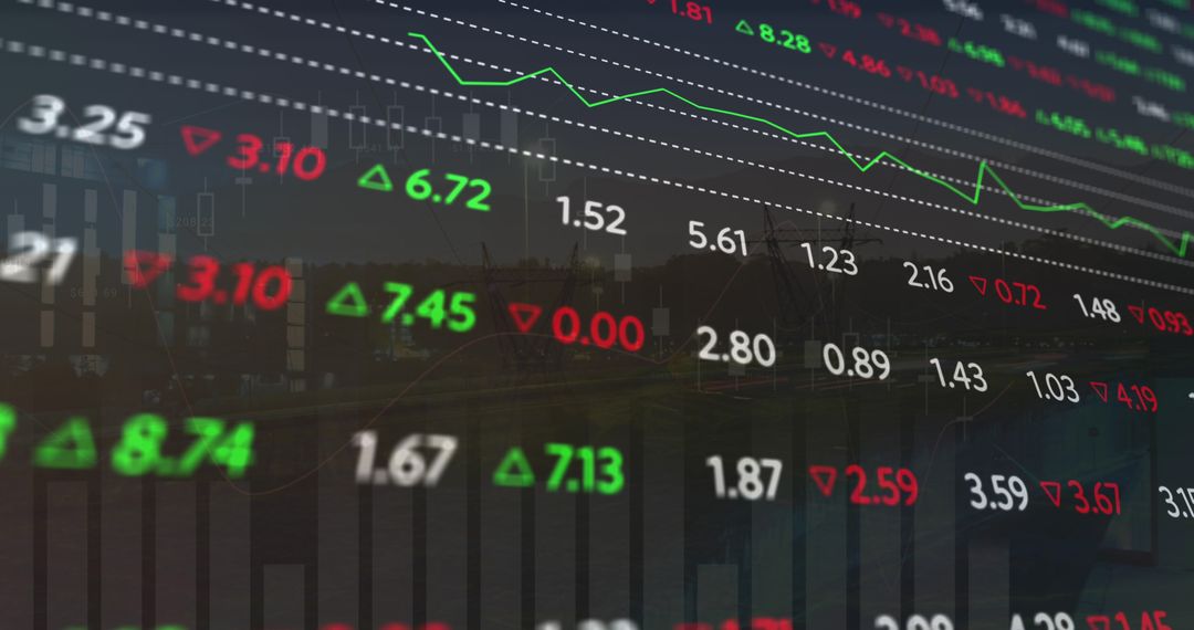 Digital Stock Market Graphs Over City Landscape Displaying Trends