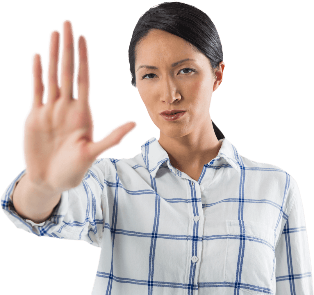 Transparent Soft Focus Woman Displaying Stop Gesture in Plaid Shirt