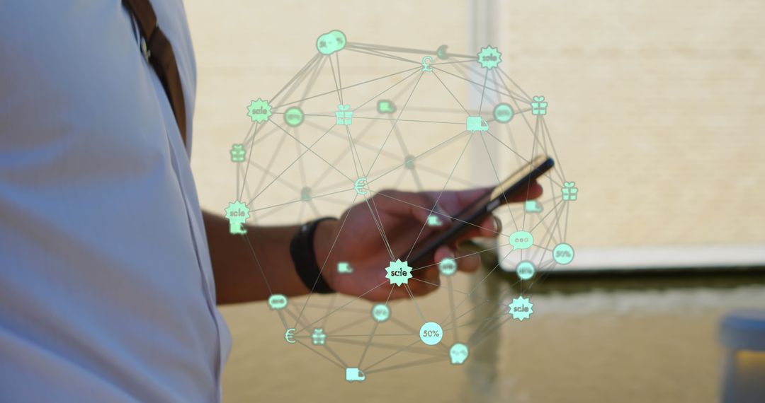 Digital Network Interface With Man Using Smartphone Outdoors