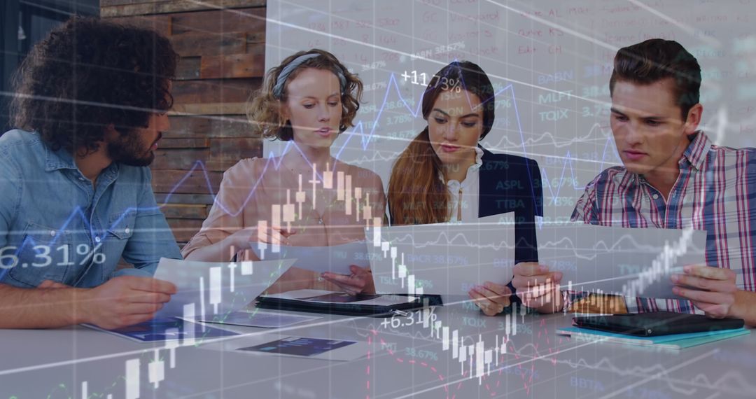 Team Analyzing Stock Market Data with Digital Interface Overlay