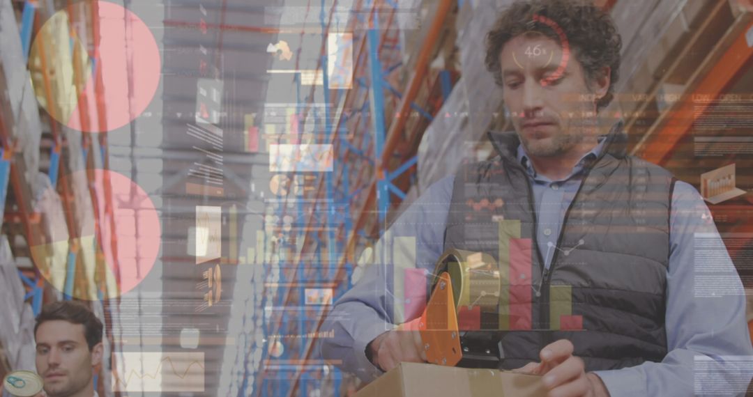 Warehouse Employees Managing Inventory with Virtual Data Overlay