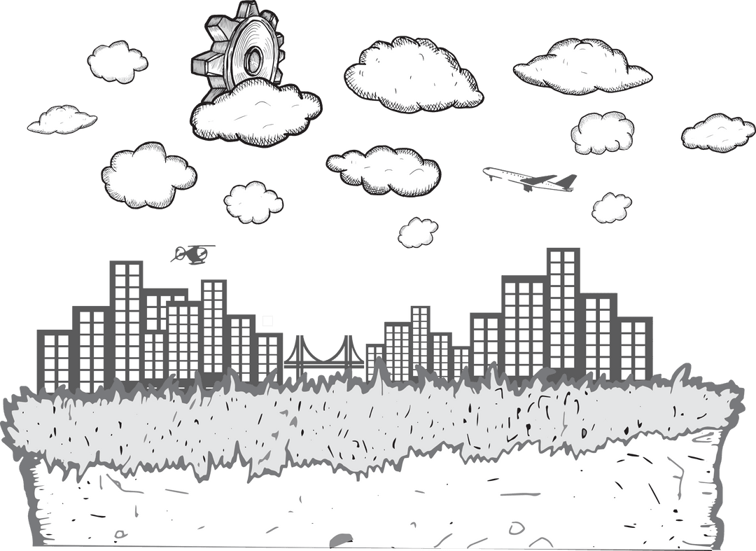 Digital Cog and Clouds Over Cityscape on Transparent Background