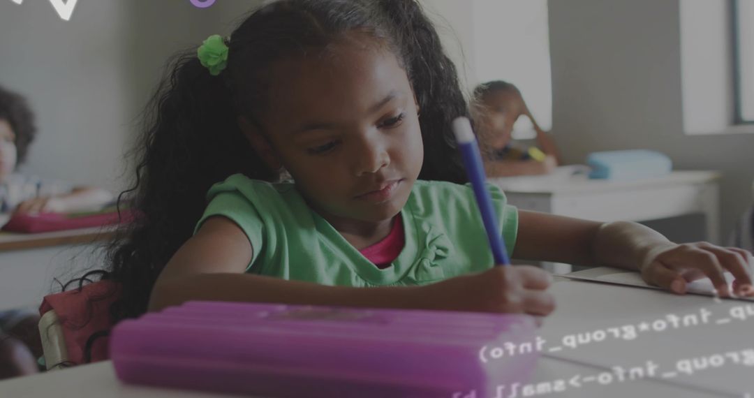 Young Student Writing Enthusiastically in Classroom Setting
