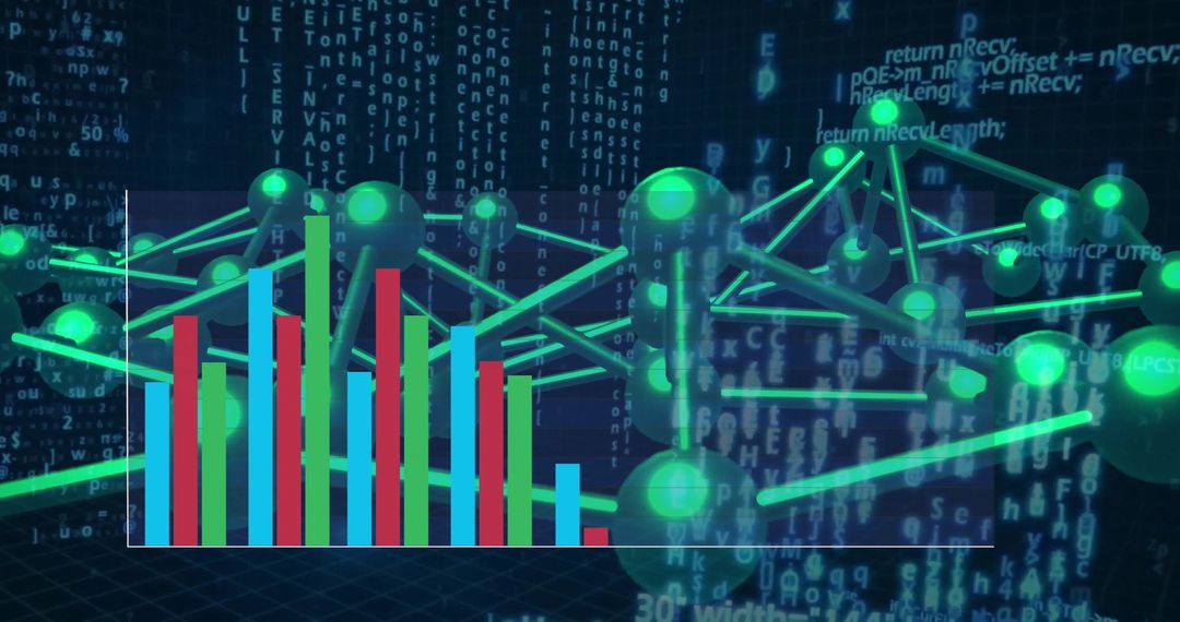 Futuristic Data Visualization with Bar Chart and Virtual Network
