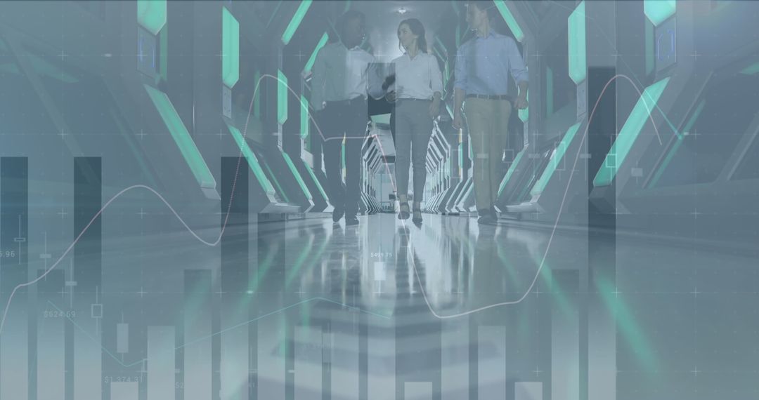 Global Finance Overlay on Business People in Futuristic Office