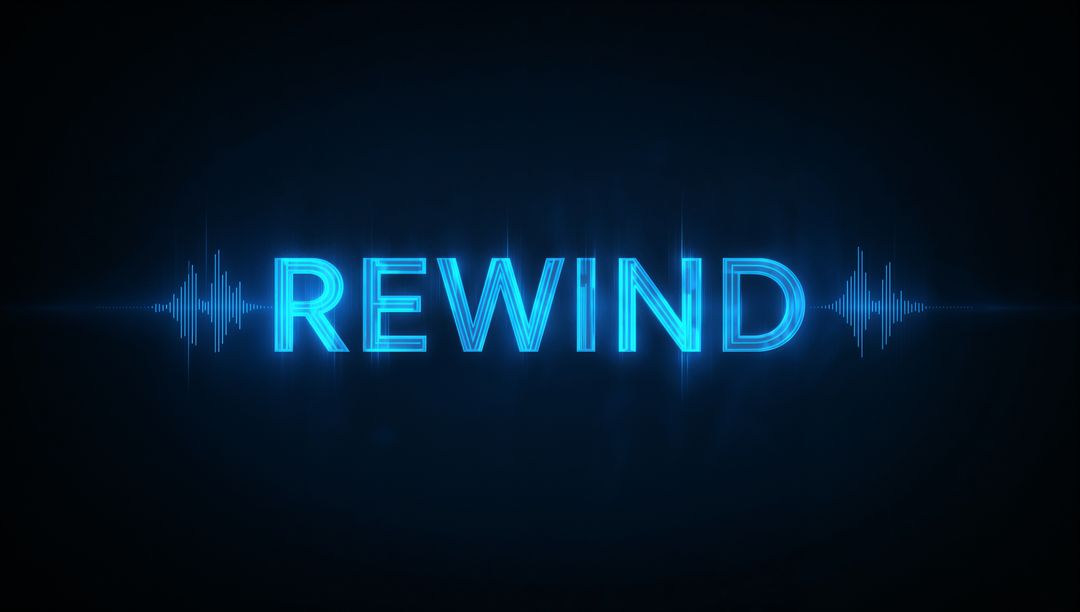 Cyan Neon REWIND Text with Waveform Glowing Futuristic Interface Cinematic Background