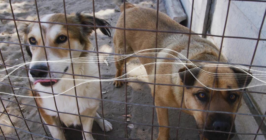 Two Dogs Behind Rusted Fence in Kennel Environment