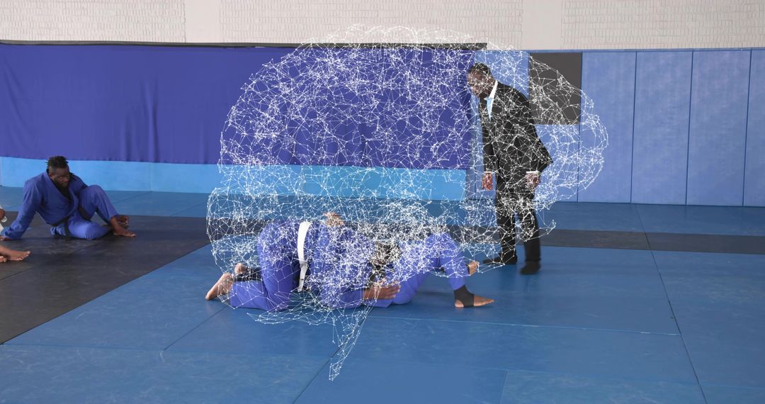 Grappling training with neural brain-network overlay illustrating strategy, technique, focus