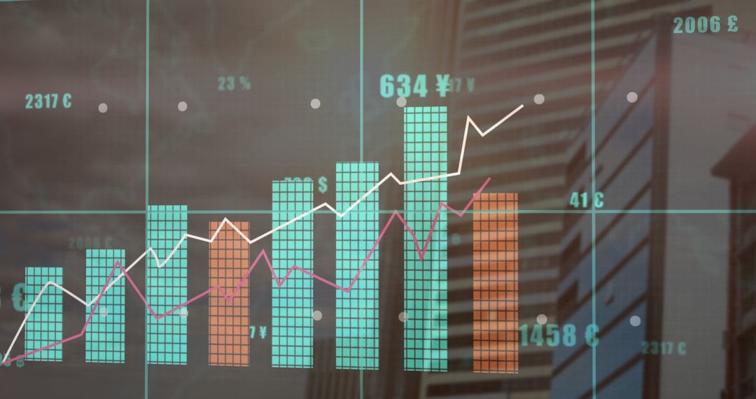 Currency Chart Overlays Office Skyscraper for Data Visualization
