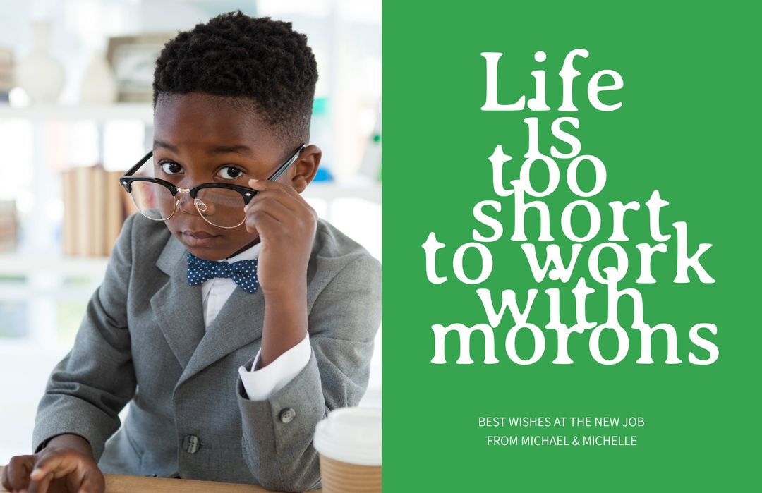 Young Boy in Suit with Amusing Farewell Message