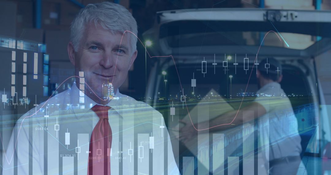 Confident Manager Overseeing Package Loading with Financial Overlay