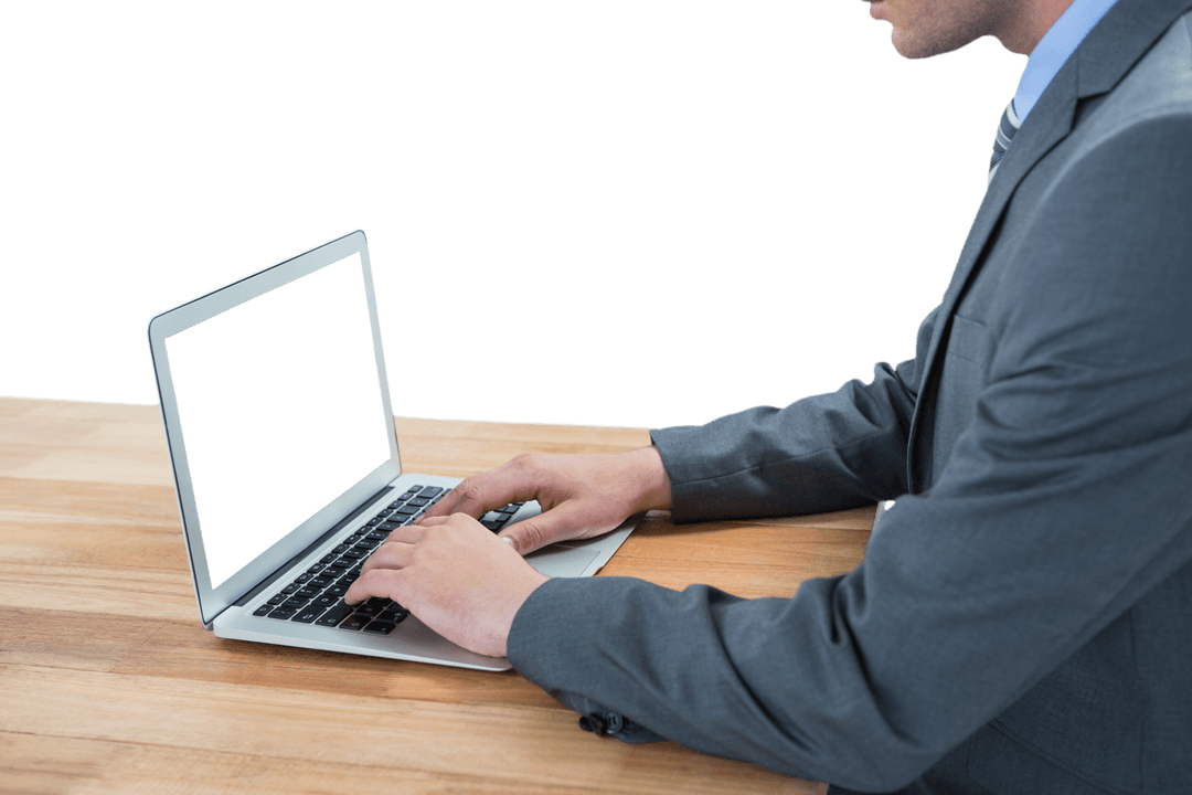 Transparent Background Businessman Typing on Laptop at Desk
