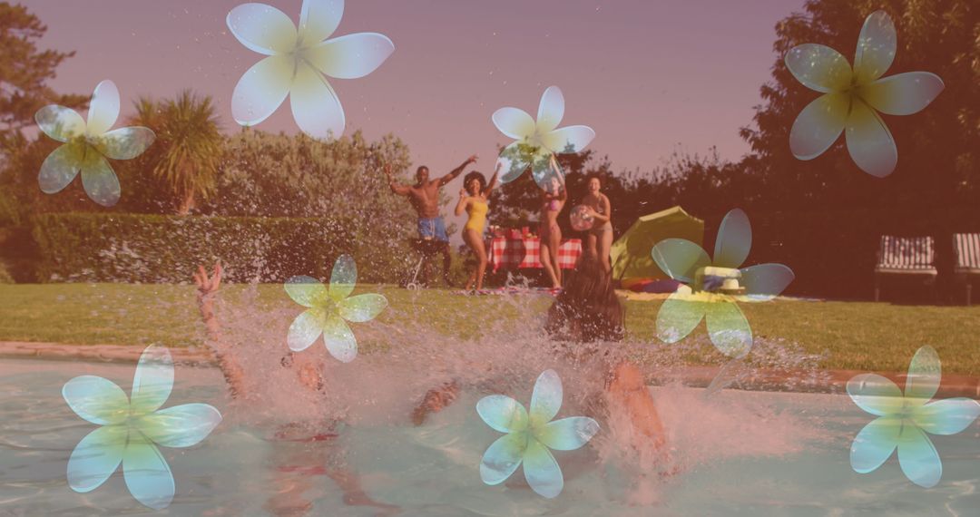 Joyful Pool Party with Friends and Playful Flower Overlays
