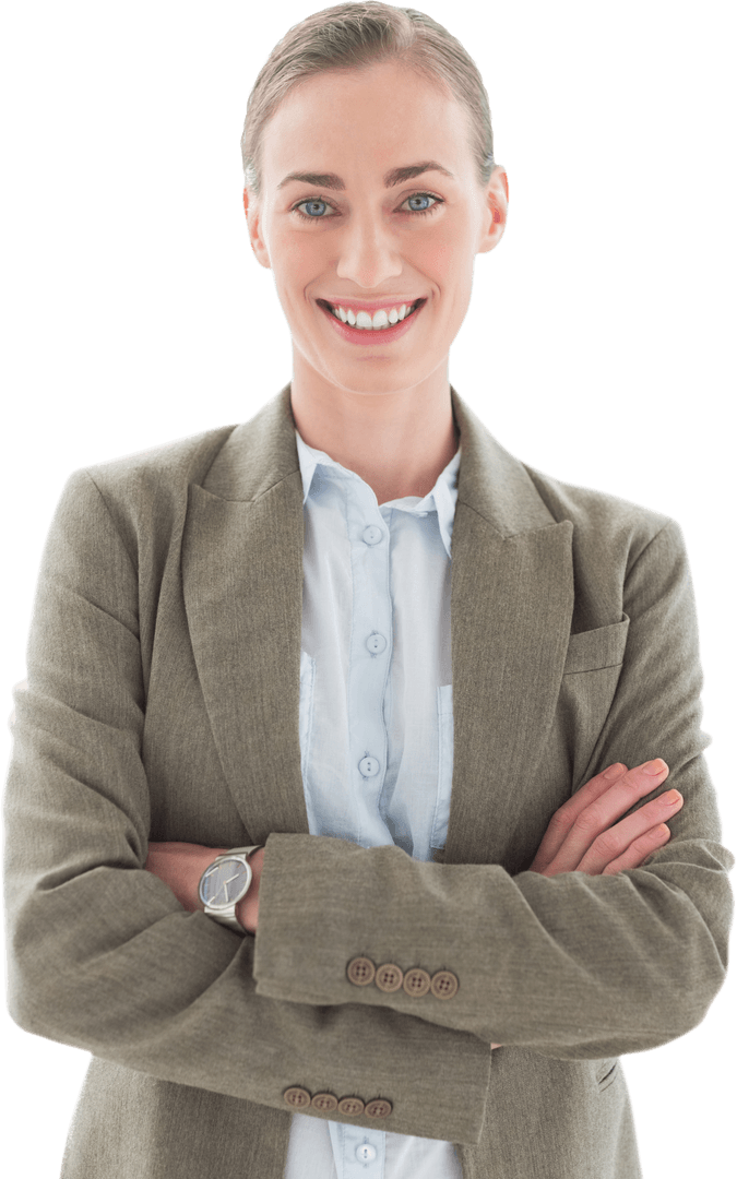 Transparent Background Smiling Woman in Business Suit Crossing Arms