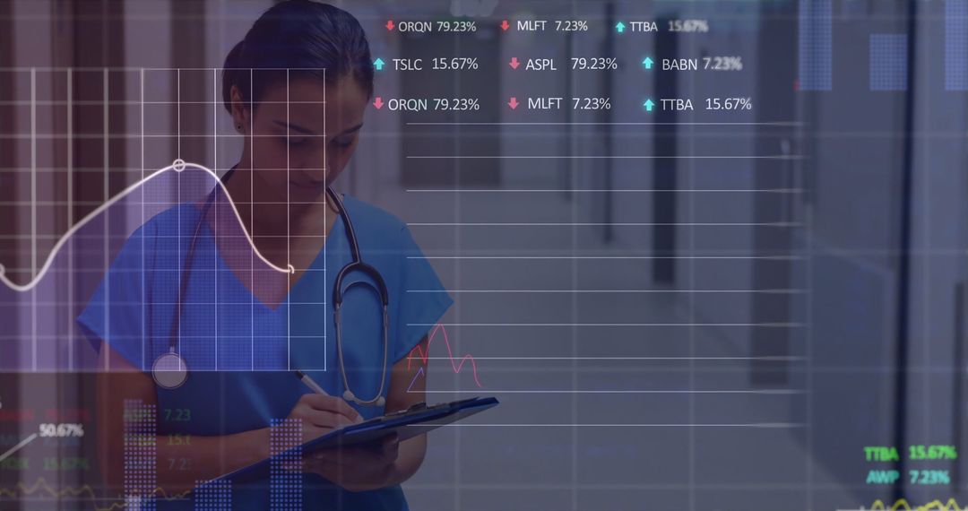 Nurse Analyzing Digital Charts in Hospital Corridor with Graphics