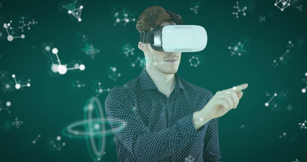 Man Using VR Headset with Floating Molecular Graphics