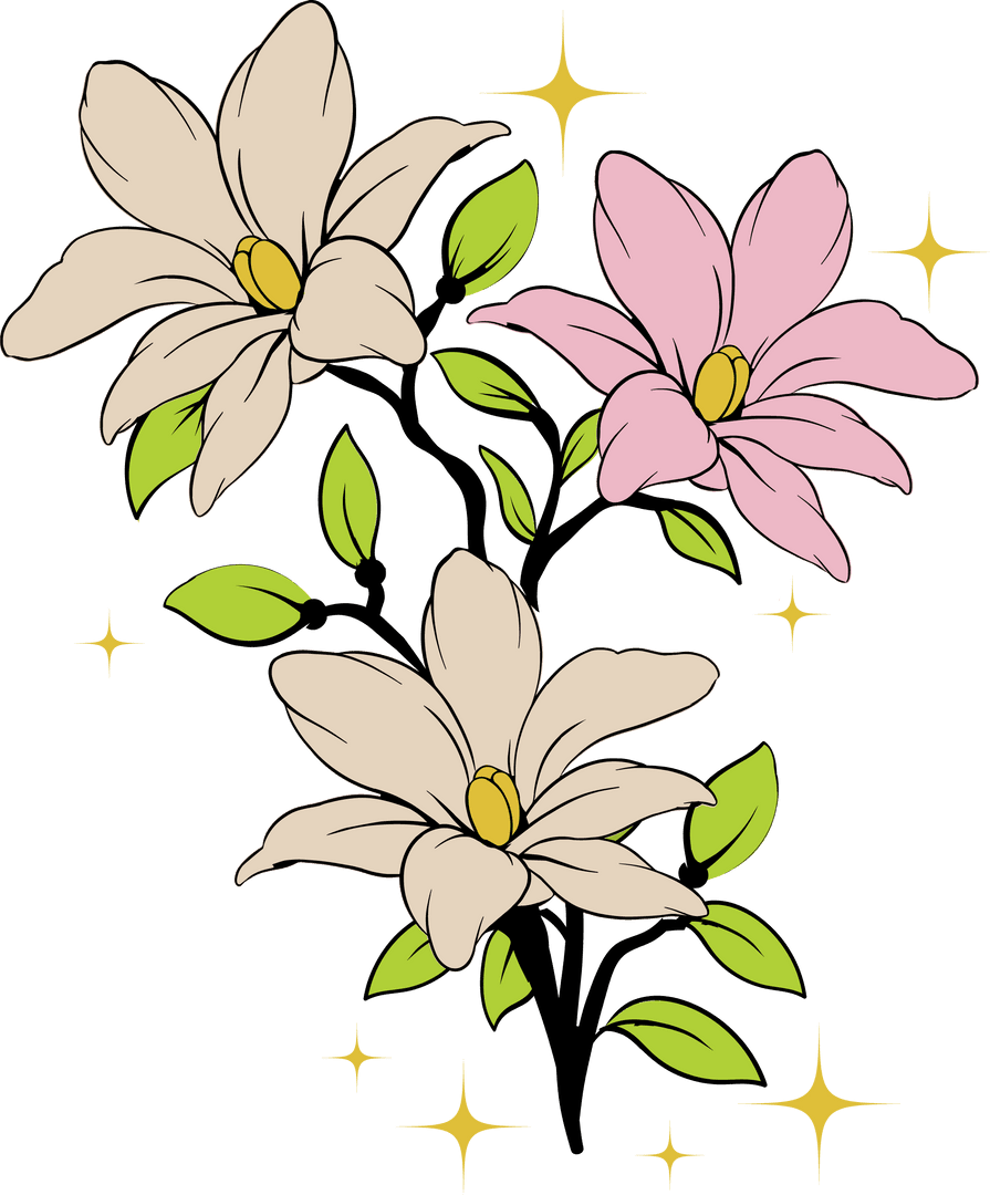 Transparent Magnolia Blossoms with Gold Sparkles Illustration