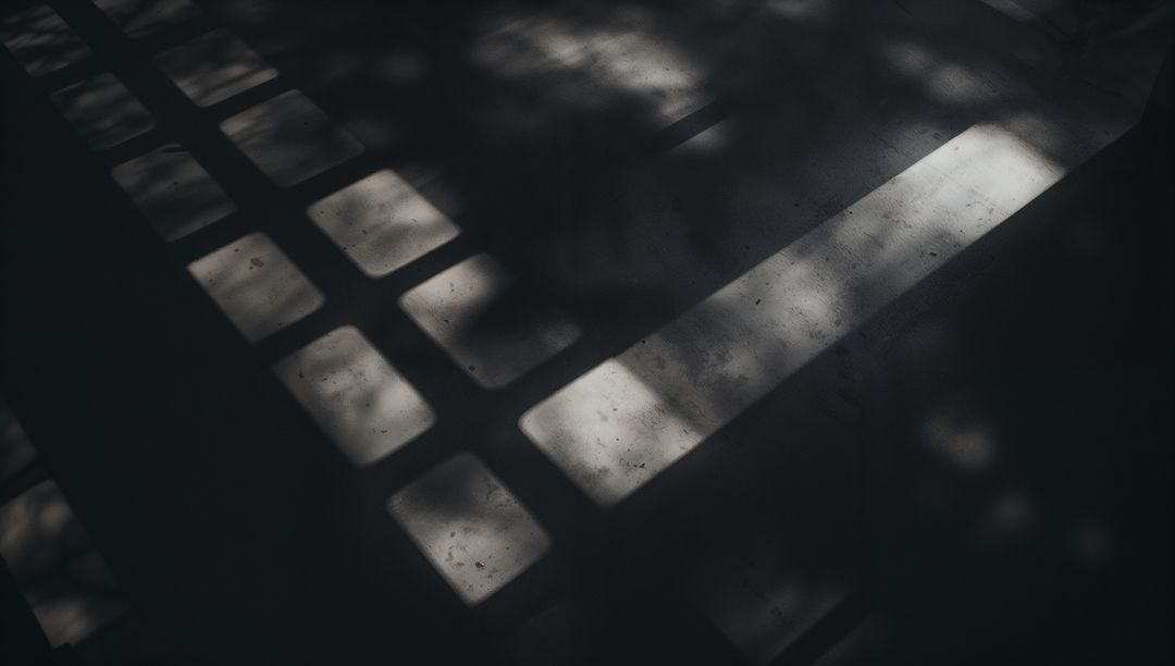 Rectangular Light Grid and Long Beam Crossing Concrete Floor with Foliage Shadow Pattern