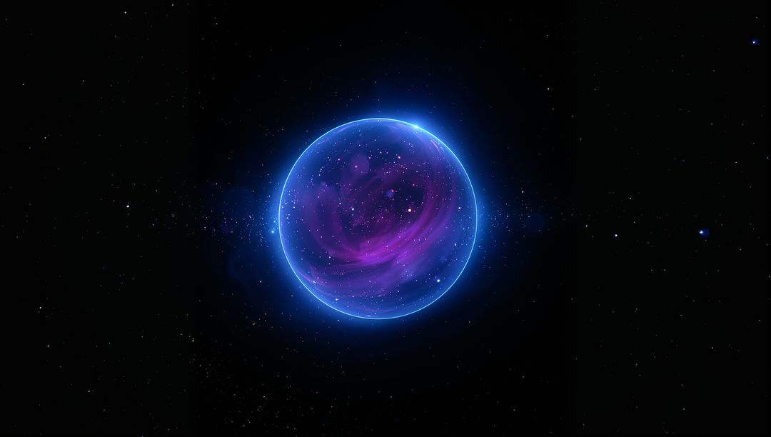 Glowing Celestial Orb with Neon Blue Halo and Swirling Purple-Magenta Nebula Core