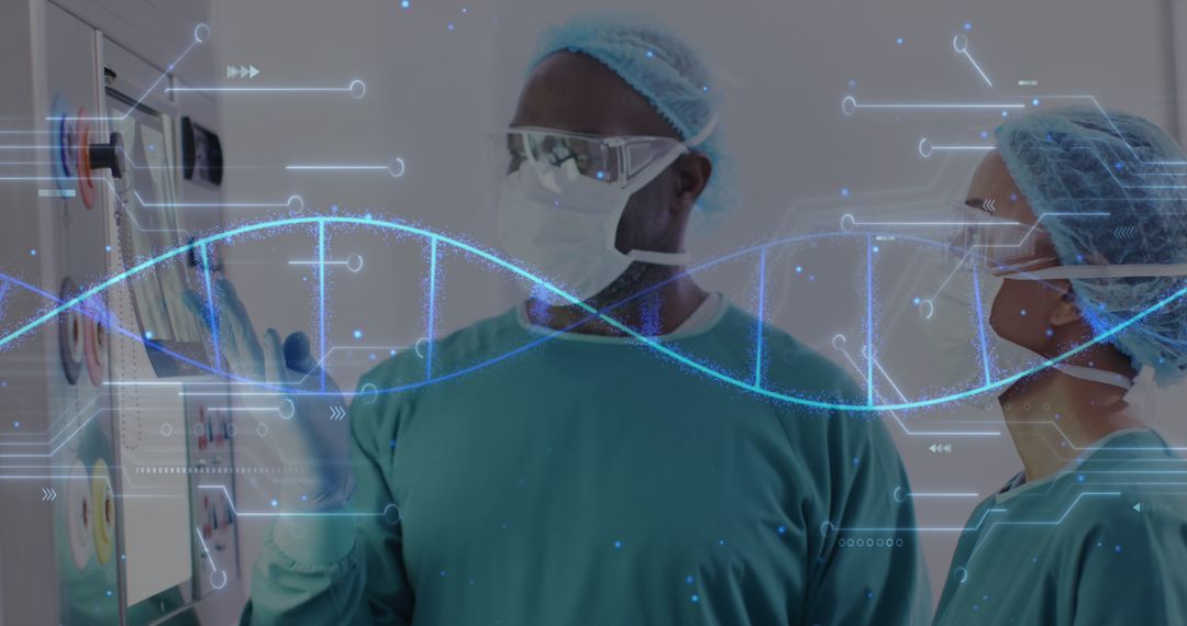 Surgeons Discussing DNA Technology Concepts in Operating Room