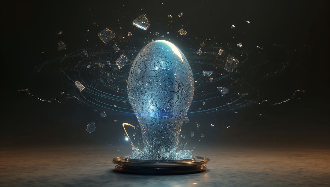 Ethereal Filigree Glass Egg Emitting Blue Light with Orbital Shards and Ornate Metal Base