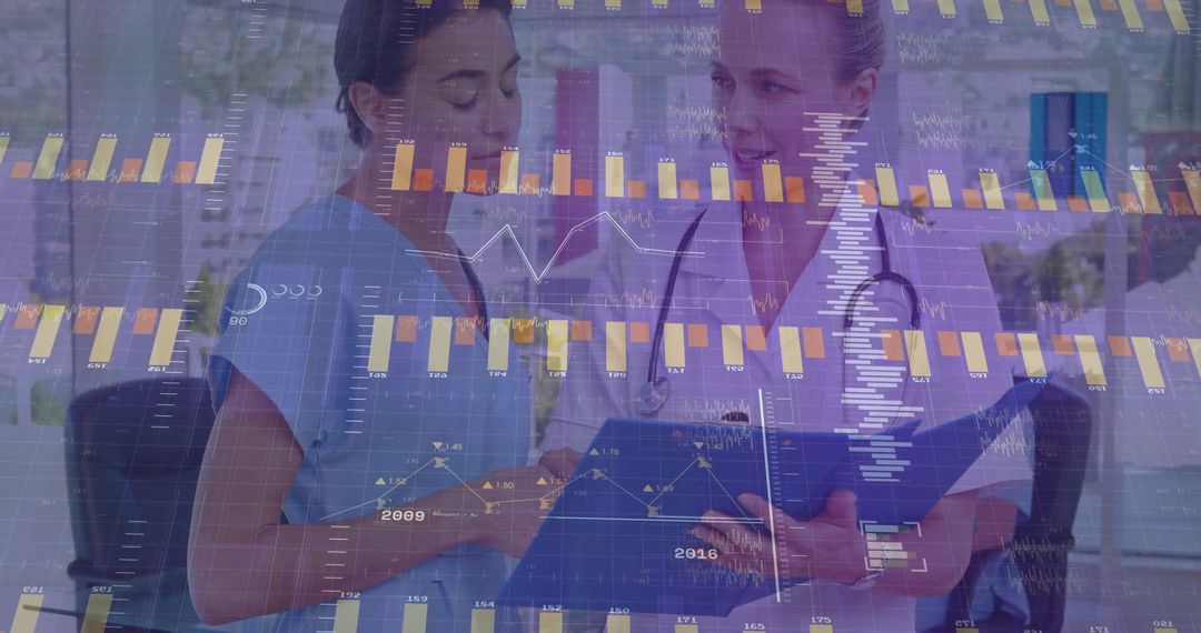 Healthcare Professionals Analyzing Clinical Data with Digital Overlay