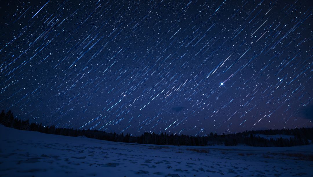 Diagonal Star Trails Over Snowy Field and Pine Treeline Long Exposure Winter Night Sky