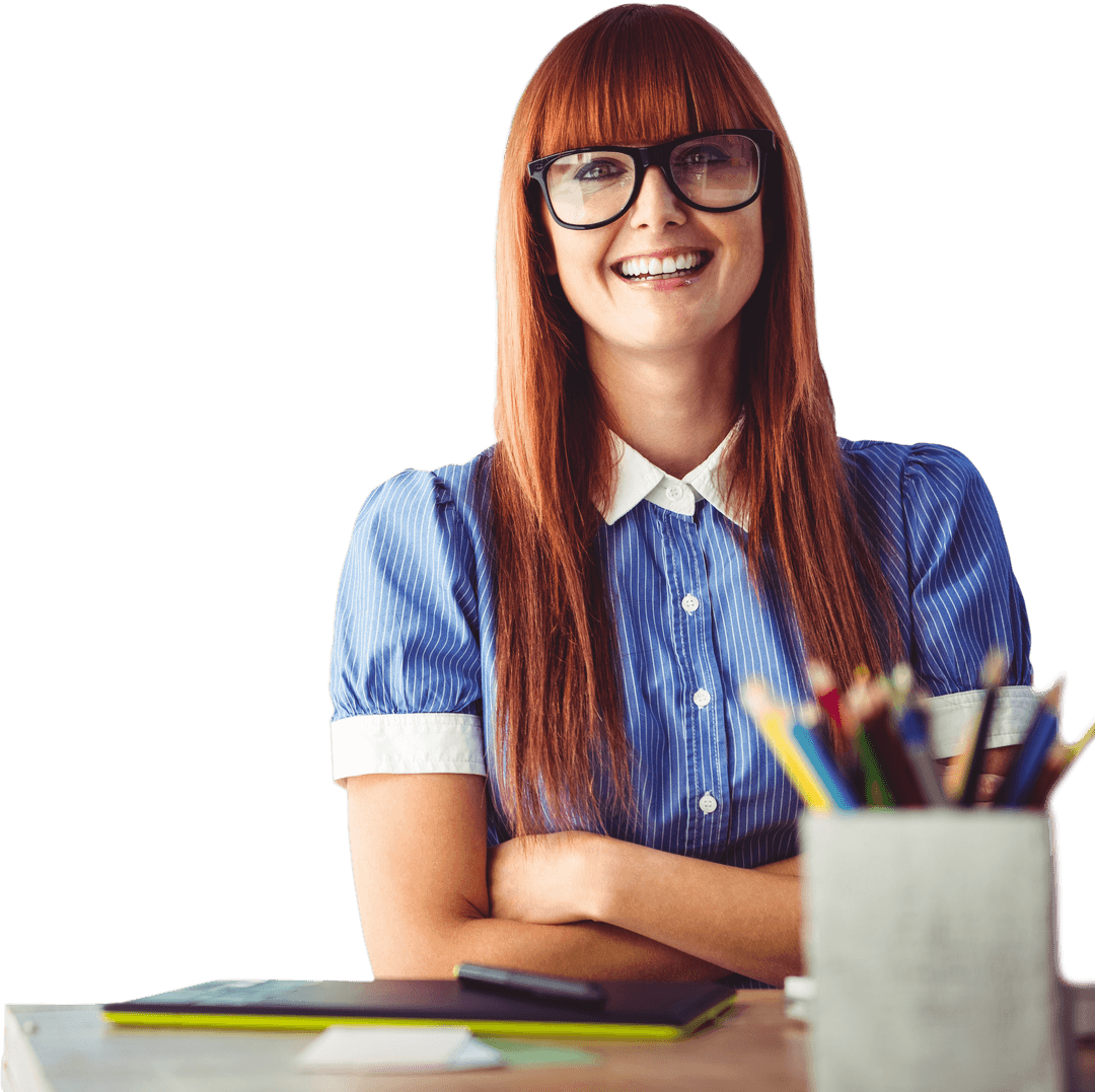 Smiling Hipster Woman with Glasses in Transparent Background Office