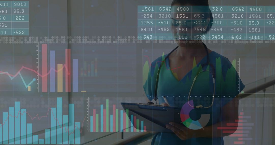 Medical Professional Analyzing Data on Digital Charts in Hospital Corridor