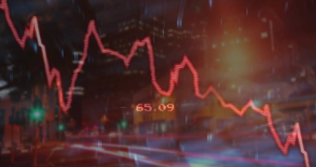 Declining stock market chart overlap with night cityscape