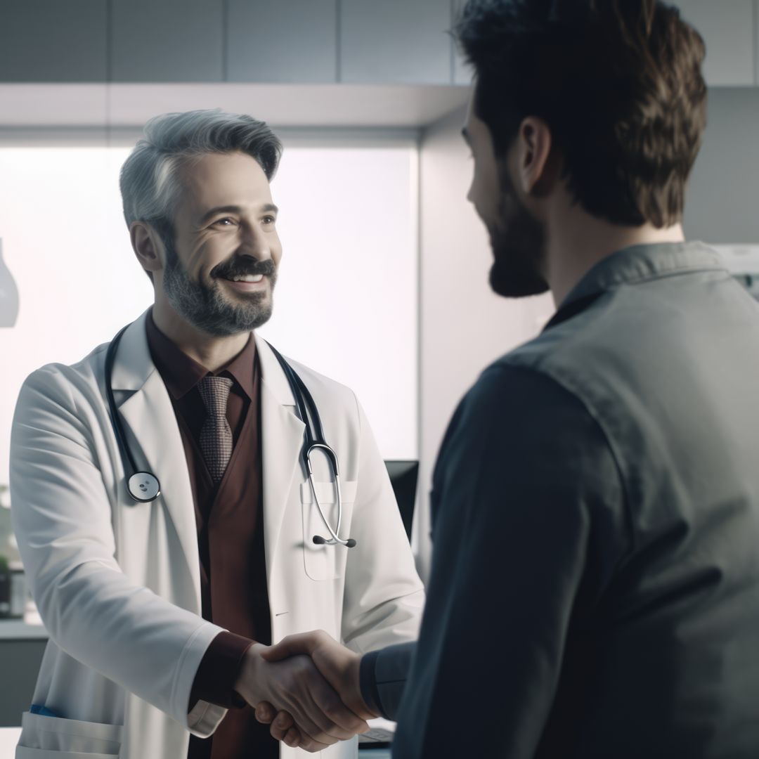 Caucasian male doctor shaking hands with patient, created using generative ai technology - Free Images, Stock Photos and Pictures on Pikwizard.com