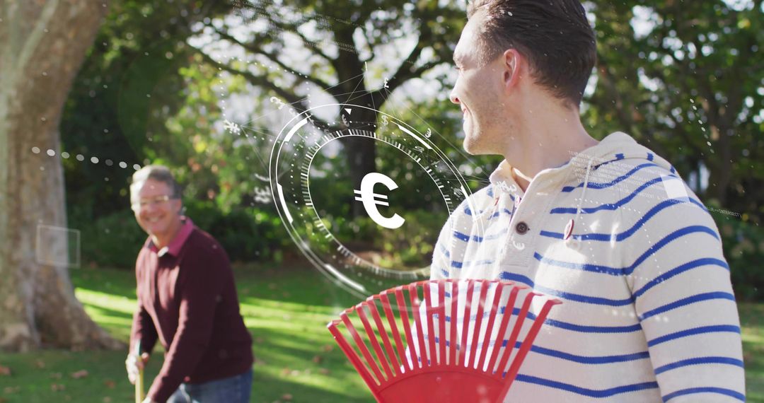 Two Men Raking Leaves in Sunny Backyard with Euro Currency HUD Overlay Concept for finance